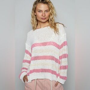 🫐 POL Women's Sweater in White and Pink -candy ribbons